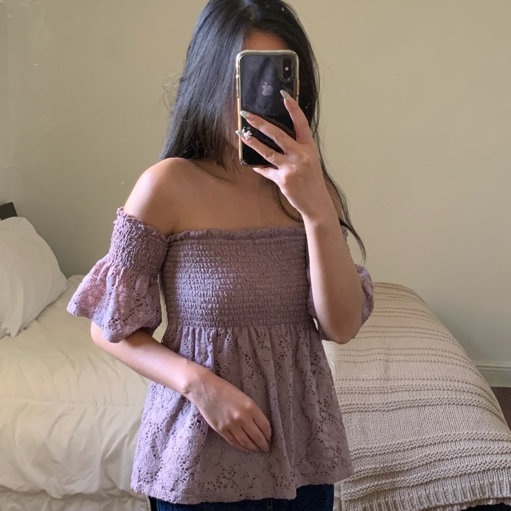 Mischievous purple off shoulder ruffle hem top